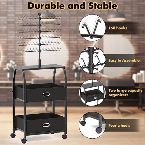 XINTUO Portable Braiding Hair Rack With Wheels & Storage Drawers,168 Pegs Hair Extension Holder Hanger for Braiding Hair Separator Stand Display,Hair rack with stylist hair braiding tools(black) thumbnail 6