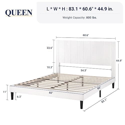Allewie Queen Bed Frame/Velvet Upholstered Bed Frame with Vertical Channel Tufted Headboard/Strong Wooden Slats/Platform Bed Frame/Mattress Foundation/Box Spring Optional/Easy Assembly/White thumbnail 2