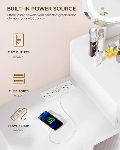 LIVELYGLOW Vanity Desk with Round LED Mirror, Modern Makeup Vanity with Power Outlet, LED Touch Screen 3 Lighting Modes, Adjustable Brightness, Acrylic Cabinet & 3 Drawers- White thumbnail 8