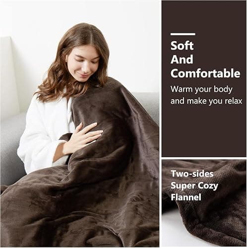 Tefici Electric Heated Blanket Throw, Super Cozy Soft 2-Layer Flannel 50" x 60" Heated Throw with 3 Heating Levels & 4 Hours Auto Off, Machine Washable, ETL&FCC Certified, Home Office Use,Brown thumbnail 7