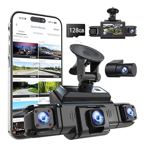 360 View 4 Channel Dash Cam Front and Rear Left Right Inside Camera for Cars, GPS and 5G Band WiFi, Night Vision, 160 Wide Angle, WDR, 24H Parking Mode, Supercapacitor, Included 128GB Card - Image 1