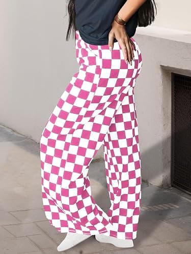 WSPLYSPJY Women's Casual Checkered Pants Elastic Waist Comfy Loose Wide Leg Pants with Pockets,XS - XXL thumbnail 3