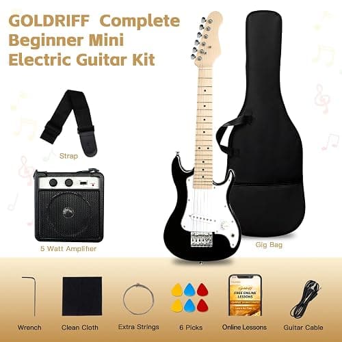 GOLDRIFF 30in Kids Electric Guitar Starter Kit for Beginners, Mini Electric Guitar with 5W Amp, Gig Bag, Strap, Extra Strings, Cable, 6 Picks, Clean Cloth and Free Online Lessons (Black) thumbnail 2