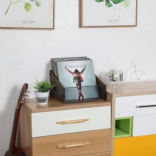 Yuzehuaza Vinyl Record Storage Holder, Trapezoidal LP Vinyl Record Crate with Handle, Wood & Metal Album Storage Desktop Organizer Box for Books Files, Rustic Brown thumbnail 7