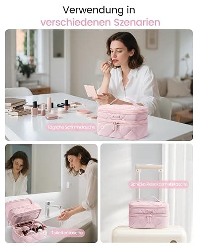 LOVEVOOK Kulturtasche Damen, Doppellagiger Puffer Kosmetiktasche Groß Kulturbeutel, Reise Leicht Make up Tasche mit Tragegriff, wasserdichte Schminktasche Waschtasche Kosmetikkoffer für Reisen, Rosa thumbnail 6