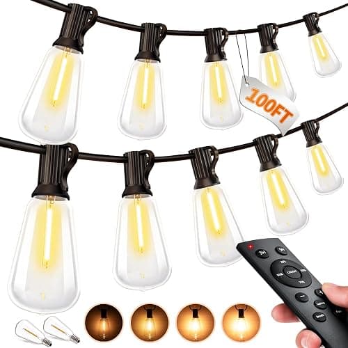 Outdoor String LED Patio Lights - 100Ft 30M Outside Waterproof Light with Remote Dimmable ST38 Shatterproof Bulb Connectable Hanging Outdoor Electric Lighting for Backyard Yard Gazebo Porch Party - Image 1