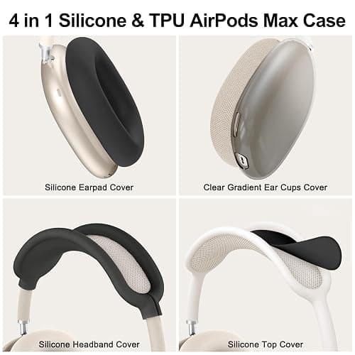 [4 in 1] Silicone Case Cover for AirPods Max, Clear Gradient Soft TPU Ear Cups Cover/Ear Pad Case Cover/Headband Cover Transparent Accessories for Apple AirPods Max (2024/2020)(USB-C/Lightning), Black thumbnail 3