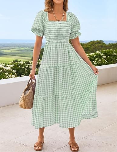 ZESICA Women's 2026 Boho Summer Dresses Gingham Puff Sleeve Square Neck Flowy Beach Midi Dress thumbnail 5