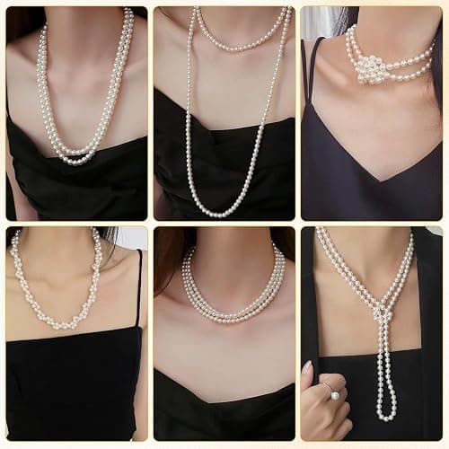CdbC 59" Long Pearl Necklace, Faux Long Pearl Necklaces for Women, Vintage Elegant Long Pearls, Pearl Necklace Long for Wedding Party 1920s Gatsby Costume Jewelry thumbnail 5