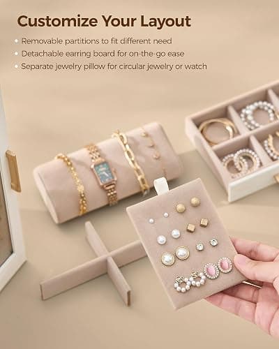 Glimmloop 360° Rotating Jewelry Box with 5 Drawers, Spacious Vertical Jewelry Organizer with Glass Window, Jewelry Storage Case, Dustproof & Moisture-resistant Design, White thumbnail 6