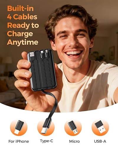 HAIARA Portable Charger 10000mAh Power Bank with 4 Built-in Cables,LED Display Compact and Battery Pack with Multiple USB Ports All-in-One Travel Charger for iPhone,Android and Other Devices-Black thumbnail 8