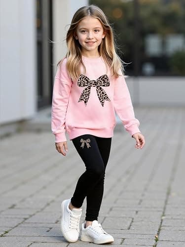 xueteox Girls Long Sleeve Sweatshirt 2 Piece, Bow Graphic Top and Pants Spring Fall Fashion Casual Clothes. thumbnail 4