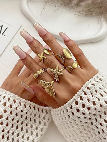 Inactwin 6PCS Chunky Gold Starfish Shell Rings for Women Trendy Dainty Summer Beach Stackable Stainless Steel Ring Surfer Fashion Statement Beachy Boho Jewelry Gifts thumbnail 3