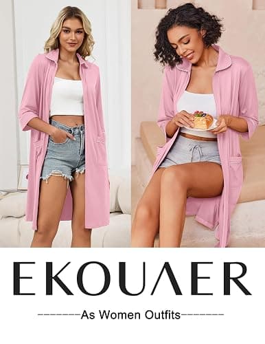 Ekouaer Zipper Robes for Women 3/4 Sleeve Housecoats with Pockets | House coats for women, Soft Lightweight Bathrobe, Turn Down Neck, Contrast Piping, Home, Daily Wear, Travel thumbnail 4