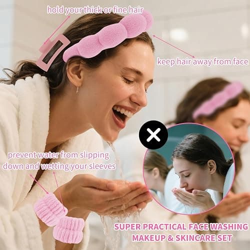 Canitor Spa Headband Wrist Bands Hair Clips Set Skincare Makeup Self Skin Care for Women Washing Face Teens Teenager Tween Clean Girl Gifts Cute Trendy Stuff Things Pink Stocking Stuffers thumbnail 2