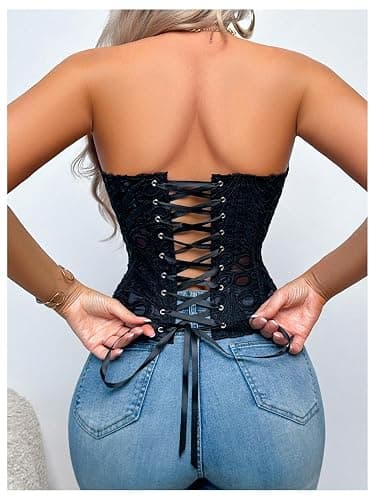 MakeMeChic Women's Black Corset Tops Y2K Floral Lace Sleeveless Open Back Strapless Body Shaper thumbnail 2