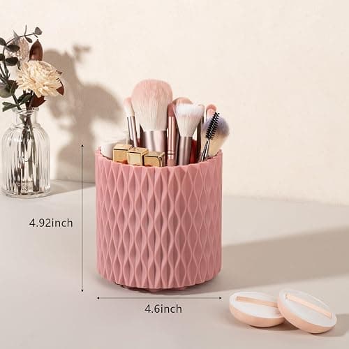Anyoifax Makeup Brush Holder Organizer 361°Rotating Make Up Brushes Container for Vanity, Spinning Cosmetics Storage Cup, Ripple Pink thumbnail 3