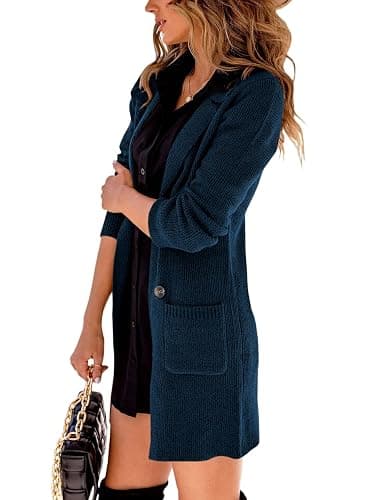 Danedvi Women Open Front Lapel Collar Cardigan Button Down Long Sweaters Cardigan Solid Outerwear Coats thumbnail 3