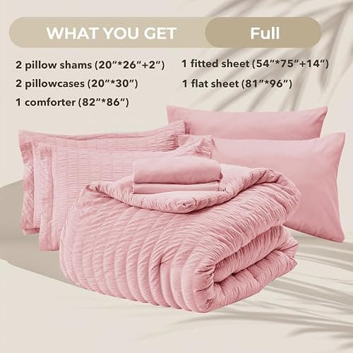 HYMOKEGE Pink Full Size Comforter Sets Seersucker 7 Pieces, All Season Luxury Bed in a Bag for Bedroom, Bedding Set with Comforters, Sheets, Pillowcases & Shams thumbnail 5