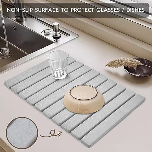 Large Stone Dish Drying Mats for Kitchen Counter, 24"(L)×16"(W) Collapsible Quick Dry Dish Drying Mat, Eco-Friendly Absorbent Diatomaceous Earth Mat for Dishes Bottles Cups, Match Any Countertop - Classic thumbnail 6