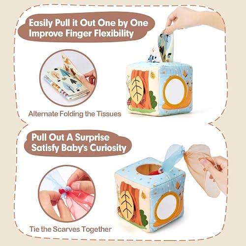 hahaland Baby Tissue Box Toy - Baby Toys 6-12 Months Stocking Stuffers for Babies Montessori Toys for 6 Month Old Must Haves - Boy Girl Shower Gifts 6 9 12 18 Months Old Sensory Pulling Play Scarf Toy thumbnail 4