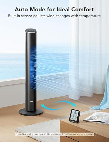 GoveeLife 36 in. Black Tower Fan for Bedroom, 5 Modes 8 Speeds up to 25ft/s | Smart Floor Fan with App/Voice Control, Temp Sensor, 29dB Bladeless Oscillating Fan for Office, 24H Timer, Auto Cooling thumbnail 8