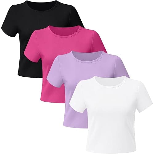 4 Pack Women’s Short Sleeve Tops Cotton Basic Crew Neck Crop Top Cute Trendy Casual Workout T Shirts - White,black,lavender,hot Pink - Small thumbnail 3