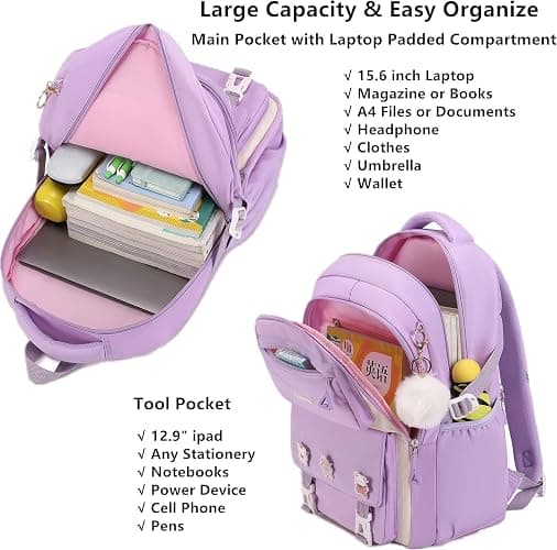 QHRIDS Girls Backpack Aesthetic Laptop Backpacks Kawaii Large Bookbag Anime Casual Travel Daypack,Purple thumbnail 3
