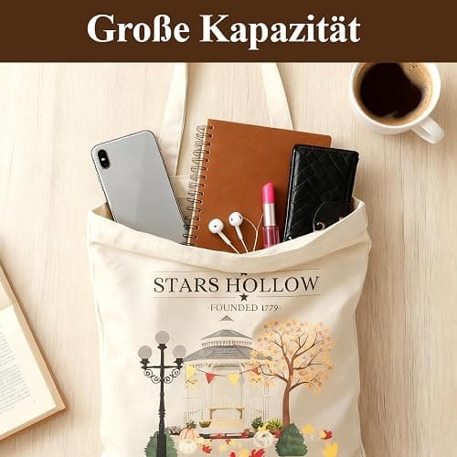 Leseogye Stars Hollow Stofftasche, Gilmor Jutebeutel, Funny TV Show Handtasche Damen, Aesthetic Leinwand Einkaufstasche mit Langen Henkeln, Stoffbeutel Bedruckt für Reise für Fans, 40x35cm thumbnail 3
