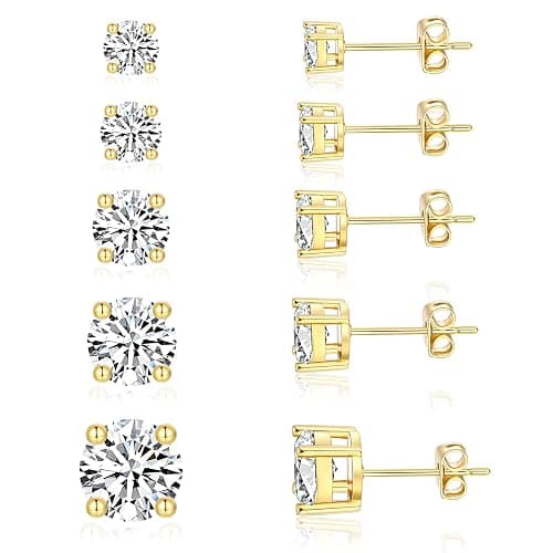 5 Pairs 14K Gold Plated Stud Earrings for Women, Hypoallergenic Earring Sets for Multiple Piercing, Premium Cubic Zirconia Studs Earrings for Women thumbnail 8