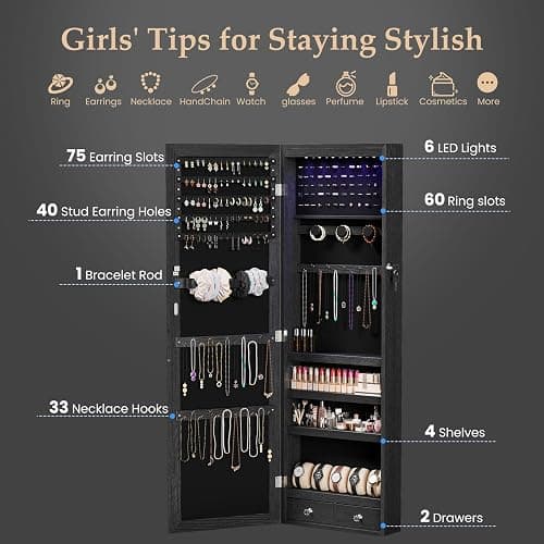 DUMOS 6 LEDs Mirror Jewelry Organizer Cabinet, Jewelry Armoire, 47.2 Inch | Hanging Door or Wall Mounted Mirror, Lockable, Large Capacity Cosmetic Storage, 2 Drawers, Gift Idea, Black thumbnail 4