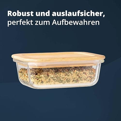 KHG Frischhaltedosen Glas Set 3-teilig Holz Deckel Bambus rechteckig, verschiedene Größen, auslaufsicher, luftdicht, spülmaschinengeeignet, mikrowellen- und backofengeeignet - - 3er Set Rechteckig thumbnail 4