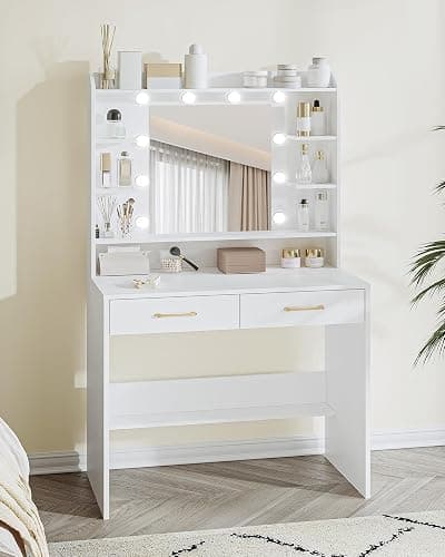 Hzuaneri Vanity Desk with Mirror and Led Light, Adjustable Brightness, Dressing Table with Shelves and 2 Drawers, for Bedroom, 40 x 80 x 149 Cm, White DT37203X thumbnail 8