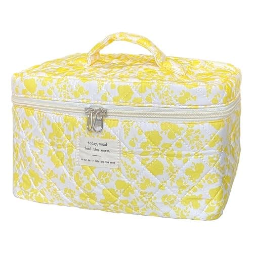 WYJ Yellow Large Quilted Floral Makeup Bag Cute Soft Coquette Aesthetic Cosmetic Bag Cotton Travel Toiletry Bag for Women - Image 1