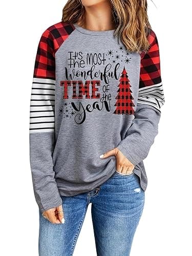 Merry Christmas Shirt for Women Leopard Plaid Christmas Tree Plus Size Long Sleeve Holiday Tee Tops - Image 1