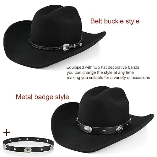 100% Wool Western Cowboy Hat for Men Women Classic Fedora Hat Felt Cowgirls Hats with Two Decorative Bands thumbnail 3