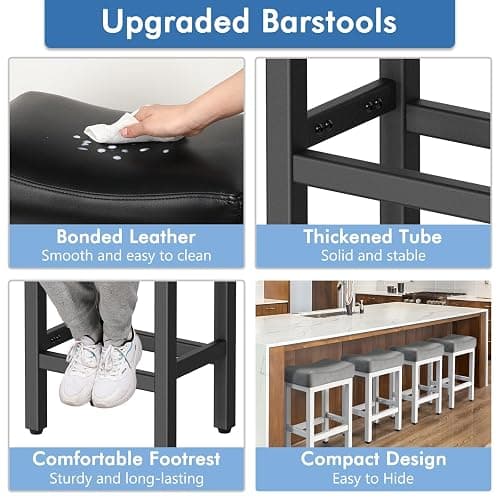 Raynesys Counter Height Bar Stools Set of 3, 24 Inch Barstools for Kitchen Island Counter, Bonded Leather Kitchen Stools with Saddle Seats & Metal Base, Easy Assembly, Black thumbnail 4