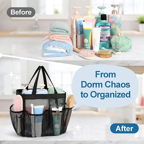 F-color Mesh Shower Caddy Portable, Upgrade Deeper 7 Pockets Shower Bag Basket Tote for College Dorm Room Toiletry Bathroom Essentials Gym Camp Quick Dry 2 handles with S Hook, Black thumbnail 4
