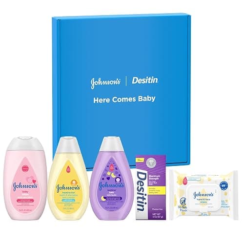 Johnson's Baby Here Comes Baby Gift Set, Baby Essentials for New Parents with Moisturizing Lotion, Bedtime Bath, Body Wash & Shampoo, Hand & Face Wipes, & Diaper Rash Cream, 5 Items thumbnail 2