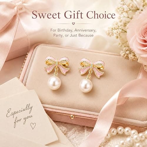 Bow Earrings for Women Trendy Stuff Cute Bow Pearl Drop Dangle Earrings Bowknot Stud Prom Wedding Party Daily Jewelry Accessory Gifts Pink Dress for Women thumbnail 6