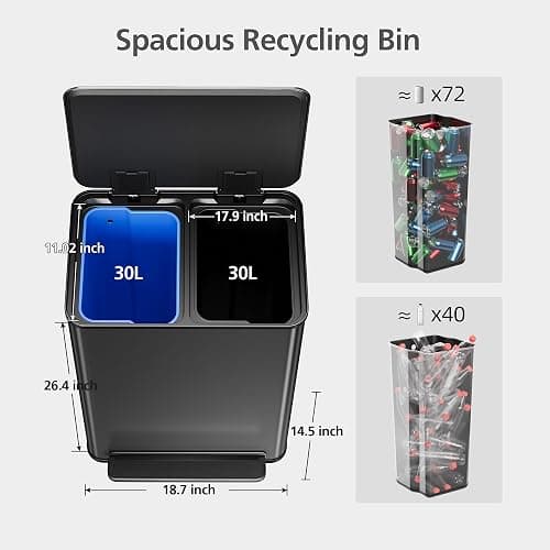 GarveeHome 60 L/16 gal Kitchen Trash Can,2×8 gal Pedal Trash Bin with Removable Baskets,Stainless Steel Garbage Can for Kitchen Office Restaurant School Hospital thumbnail 7