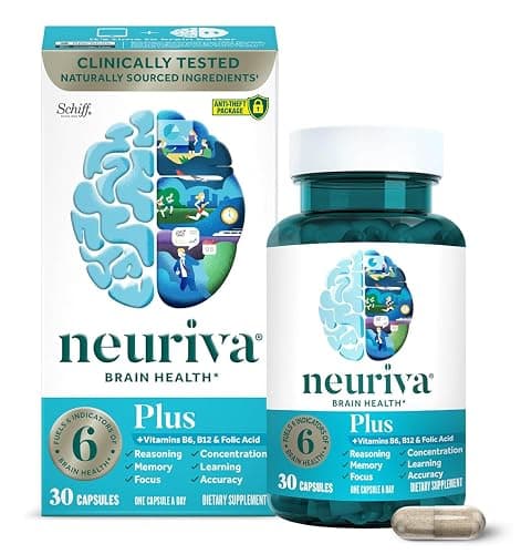 NEURIVA Plus Brain Supplements for Memory and Focus, Clinically Tested Nootropics Neurofactor and Phosphatidylserine, with Vitamin B12, Vitamin B6 and Folic Acid, 30 Count Capsules | Brian Supplements for Memory and Focus, Phosphatidylserine, Vitamin B12, Vitamin B6, Neurofactor, Decaffeinated Nootropic - Image 1