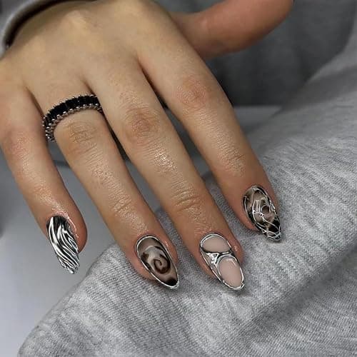24 Stück Press on Nägel Y2K Medium Almond mit 3D Metall Schleife und Perlen Design - Schwarzer Gradient - Vollständiger Überzug - Falsche Nägel thumbnail 6