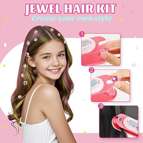 Temporary Hair Chalk with Hair Gem Stamper Kit, Hair Styling Tool with REUSABLE Shining Diamonds, Washable Hair Chalk Hair Color Dye for Girls, Toys Gifts for Girls 3 4 5 6 7-12 thumbnail 4
