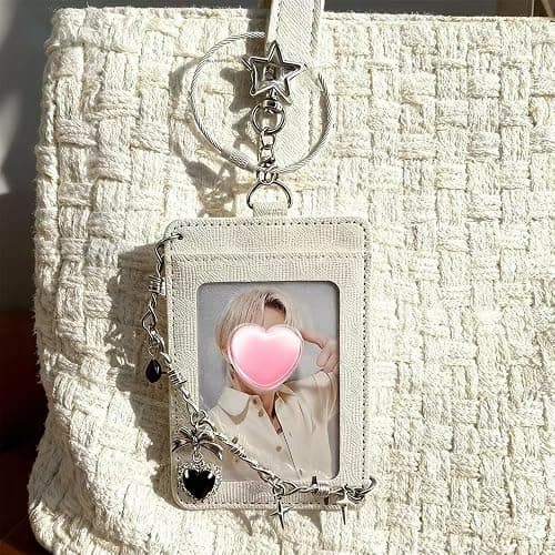 kavuipop K-pop Photocard Holder Keychain with Punk Style Charms, Hard Protective Card Case,Chain Decoration, Black and White, 2 pcs thumbnail 6