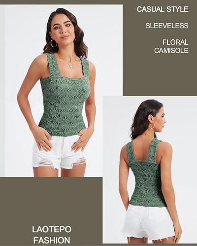 Women's Square Neck Wide Strap Crop Tank Tops Slim Fit Sleeveless Going Out Top Flower Lettuce Trim Cami Tops - Small - Emerald Green thumbnail 3