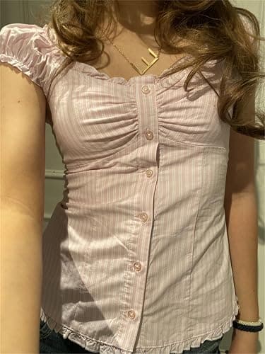 Women Fairy Grunge Crop Top Vintage Lace Short Sleeve Shirt Aesthetic Patchwork Square Neck T-Shirt 90s Harajuku Shirt thumbnail 5