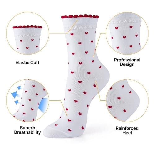 Kikiya Women's Cotton Crew Socks - Cute Flower Graphic Polka Dot Striped Heart Patterned - Ladies Girls Casual Socks Size 6-8 thumbnail 5