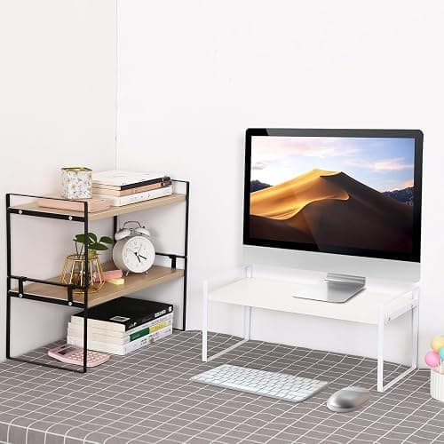 YGYQZ Wood Office Desk Shelf Organizer - Desktop Supplies Cute Dresser Top Organization Storage Rack and Cubicle Decor Aesthetic Bookshelf for Women Man and Kids(White-Single Tier) thumbnail 3