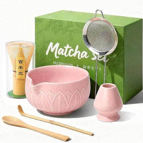 HUSHHAVN Matcha Whisk Set, Ceramic Matcha Set Includes Bowl & Holder, Bamboo Whisk (Chasen), Scoop, Spoon and Sifter, 6Pcs Matcha Kit Covers Everything Needed for Making Matcha (Leaf Pink) - Image 1